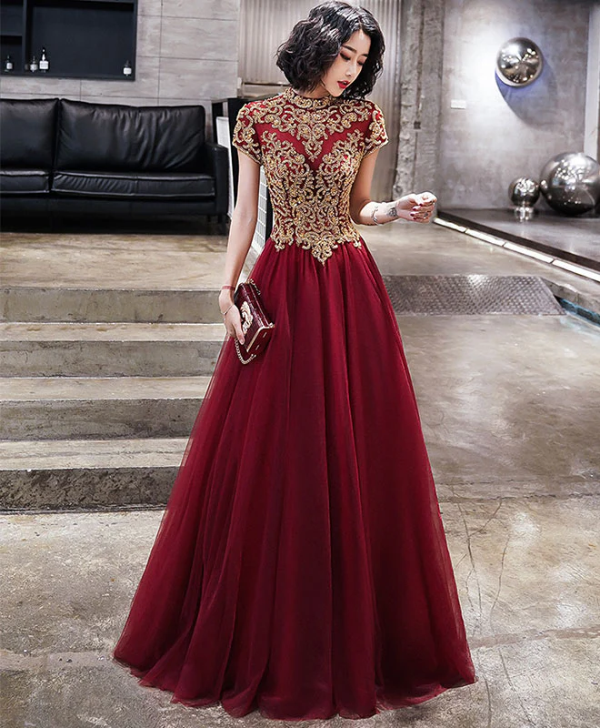 Burgundy Tulle Beads Long Prom Dress, Tulle Burgundy Evening Dress - Deanwangkt
