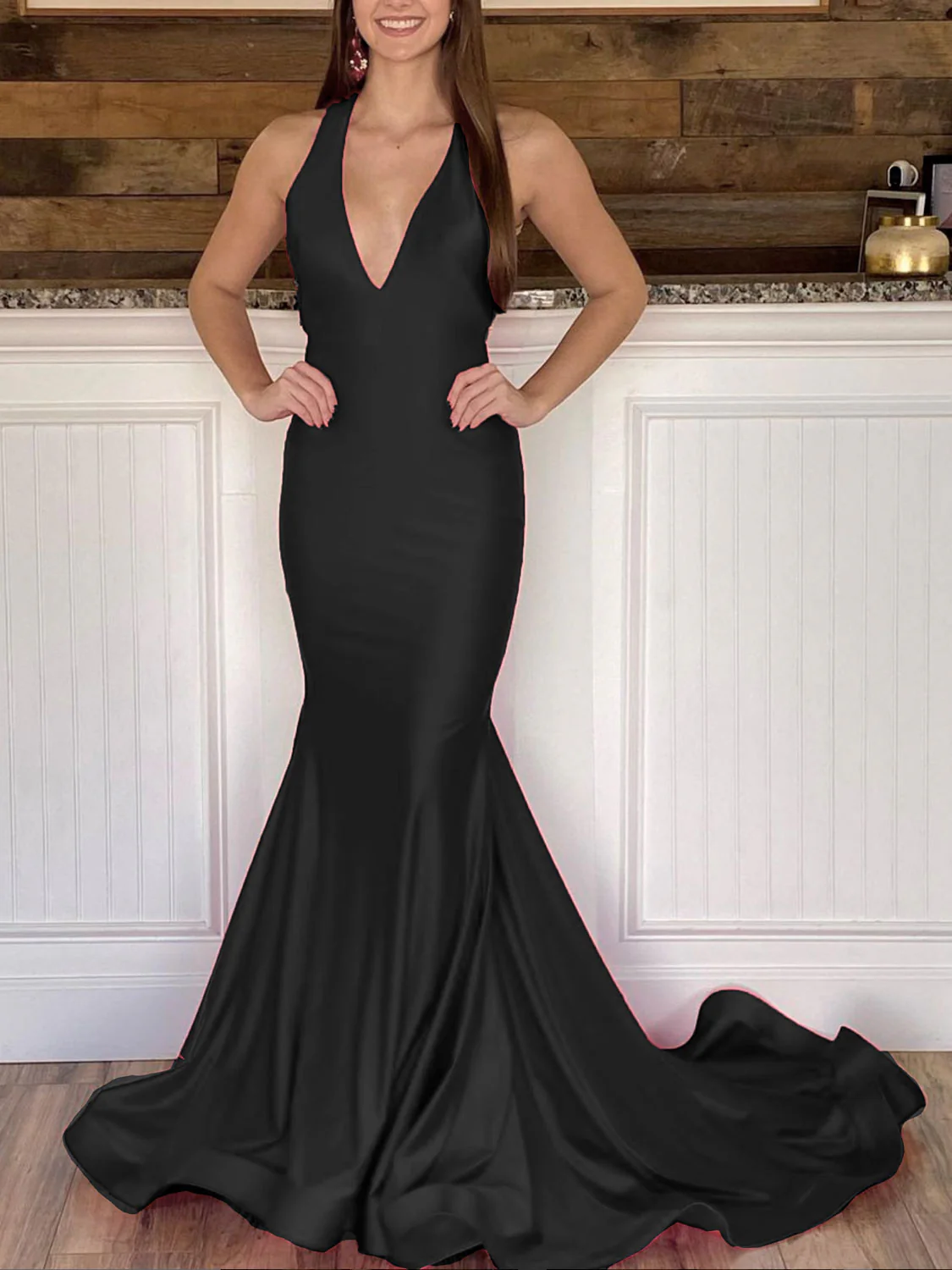 Simple Red V Neck Satin Long Prom Dress. Red Backless Evening Dress - Deanwangkt