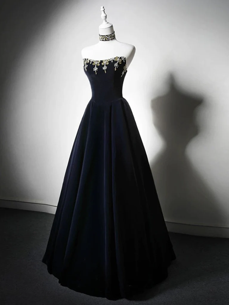 Simple A-Line Velvet Dark Blue Long Prom Dress with Beads - Deanwangkt