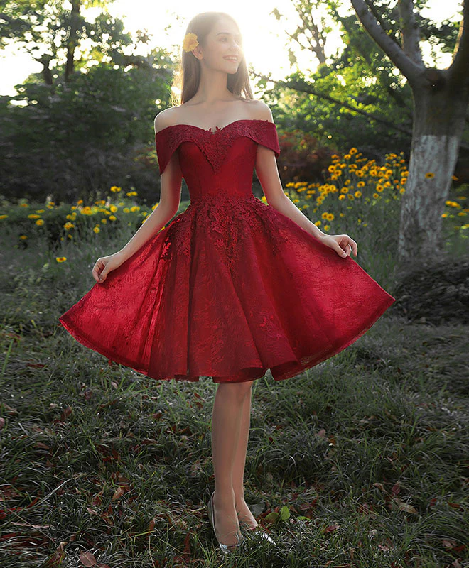 Burgundy Tulle Lace Short Prom Dress, Burgundy Bridesmaid Dress - Deanwangkt