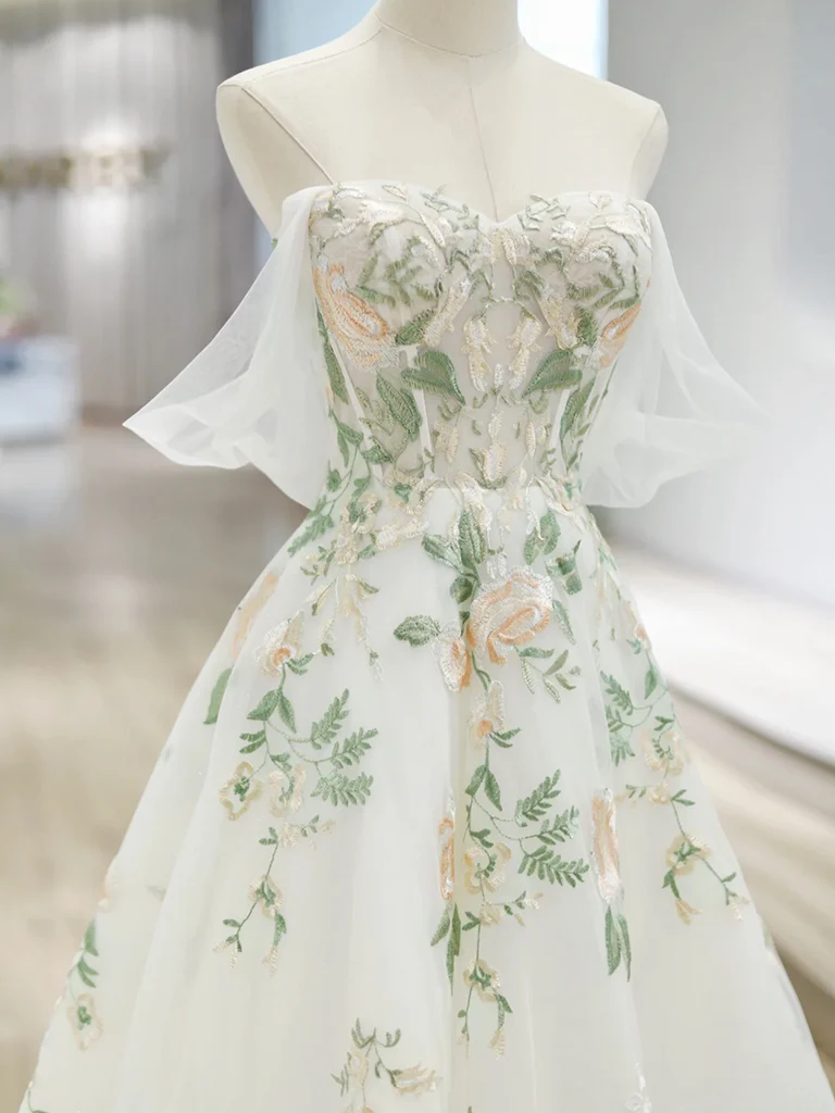 A-Line Off Shoulder ivory Tulle Lace Applique Long Prom Dress, ivory Formal Dress - Deanwangkt