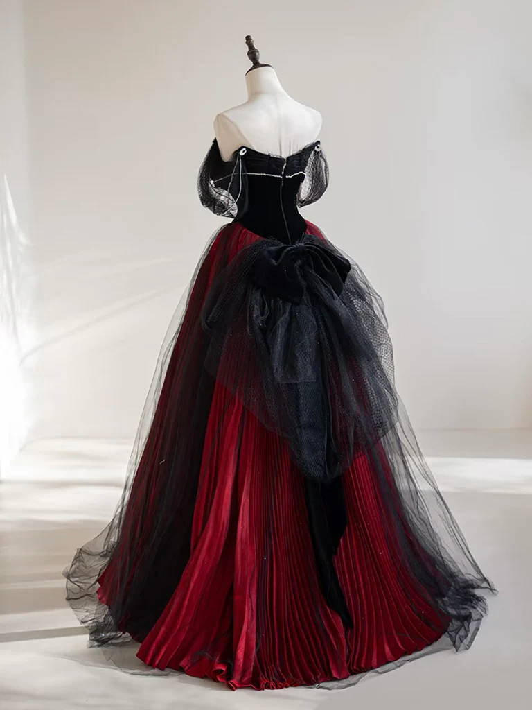 A-Line Off Shoulder Tulle Black/Burgundy Long Prom Dress - Deanwangkt