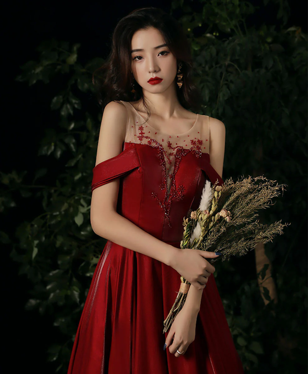 Burgundy Round Neck Beading Long Prom Dress, Burgundy Formal Graduation Dress - Deanwangkt