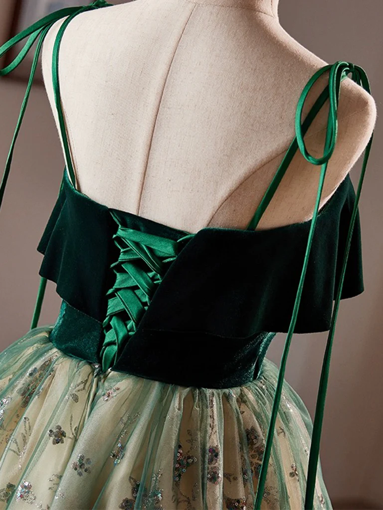 A-Line Tulle Sequin Velvet Green Short Prom Dress, Green Homecoming Dress - Deanwangkt