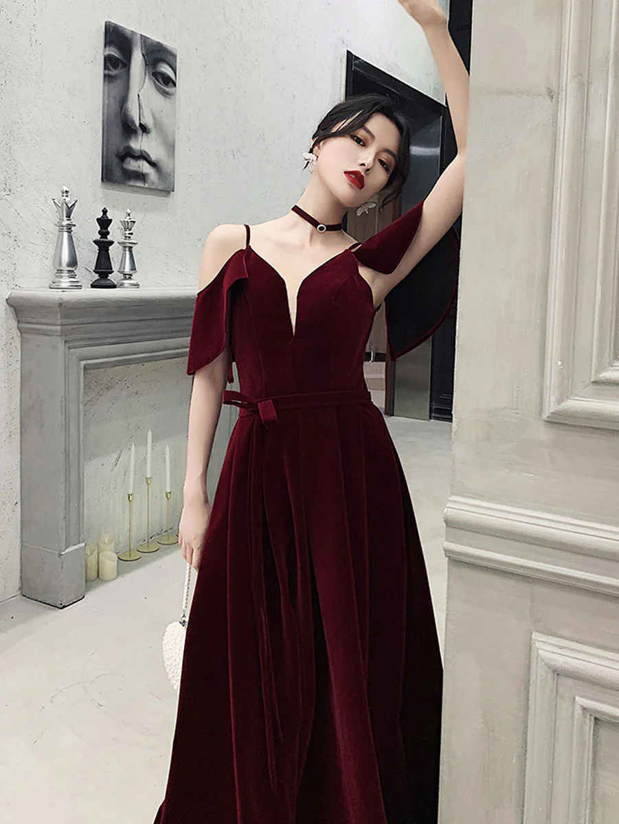 Burgundy Off Shoulder Velvet Long Prom Dress, Burgundy Formal Evening Dresses - Deanwangkt