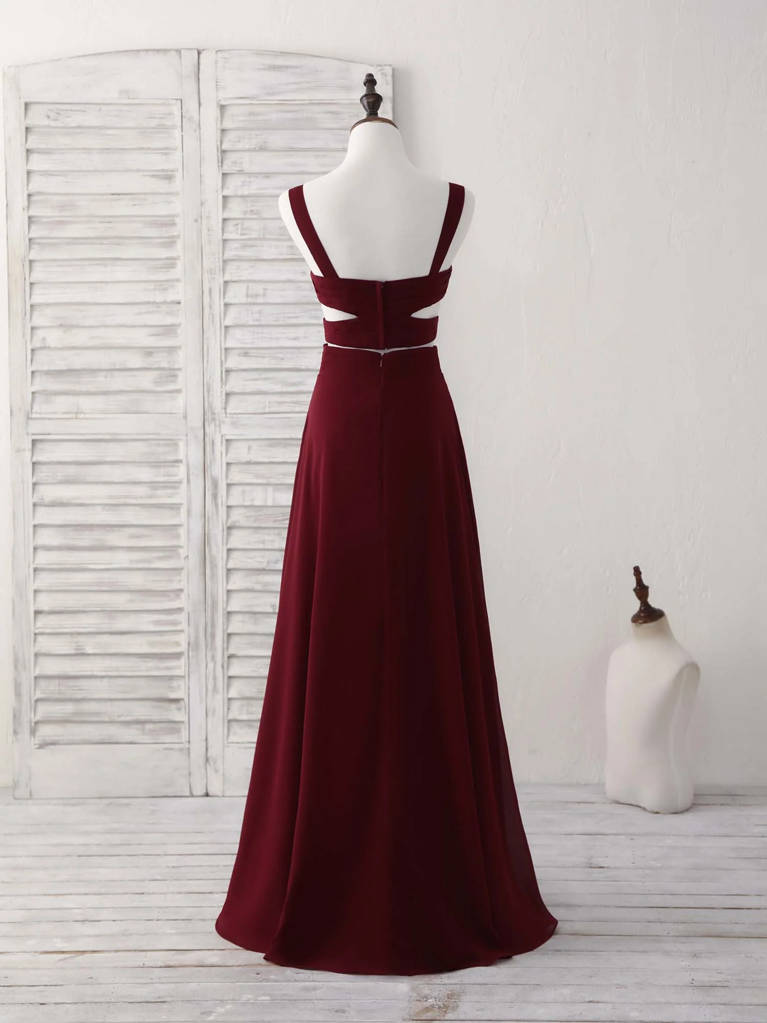 Burgundy Two Pieces Chiffon Long Prom Dress, Evening Dress - Deanwangkt