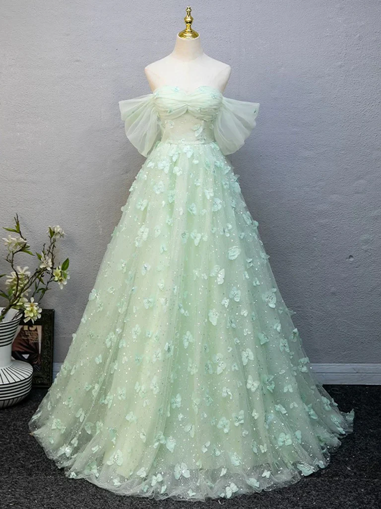 A-Line Tulle Lace Green Long Prom Dress, Green Long Formal Dress - Deanwangkt