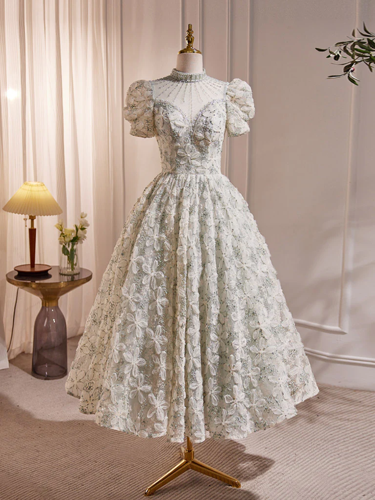 Unique Hight Neck Tulle Lace Tea Length Prom Dress, Light Green Formal Dress - Deanwangkt