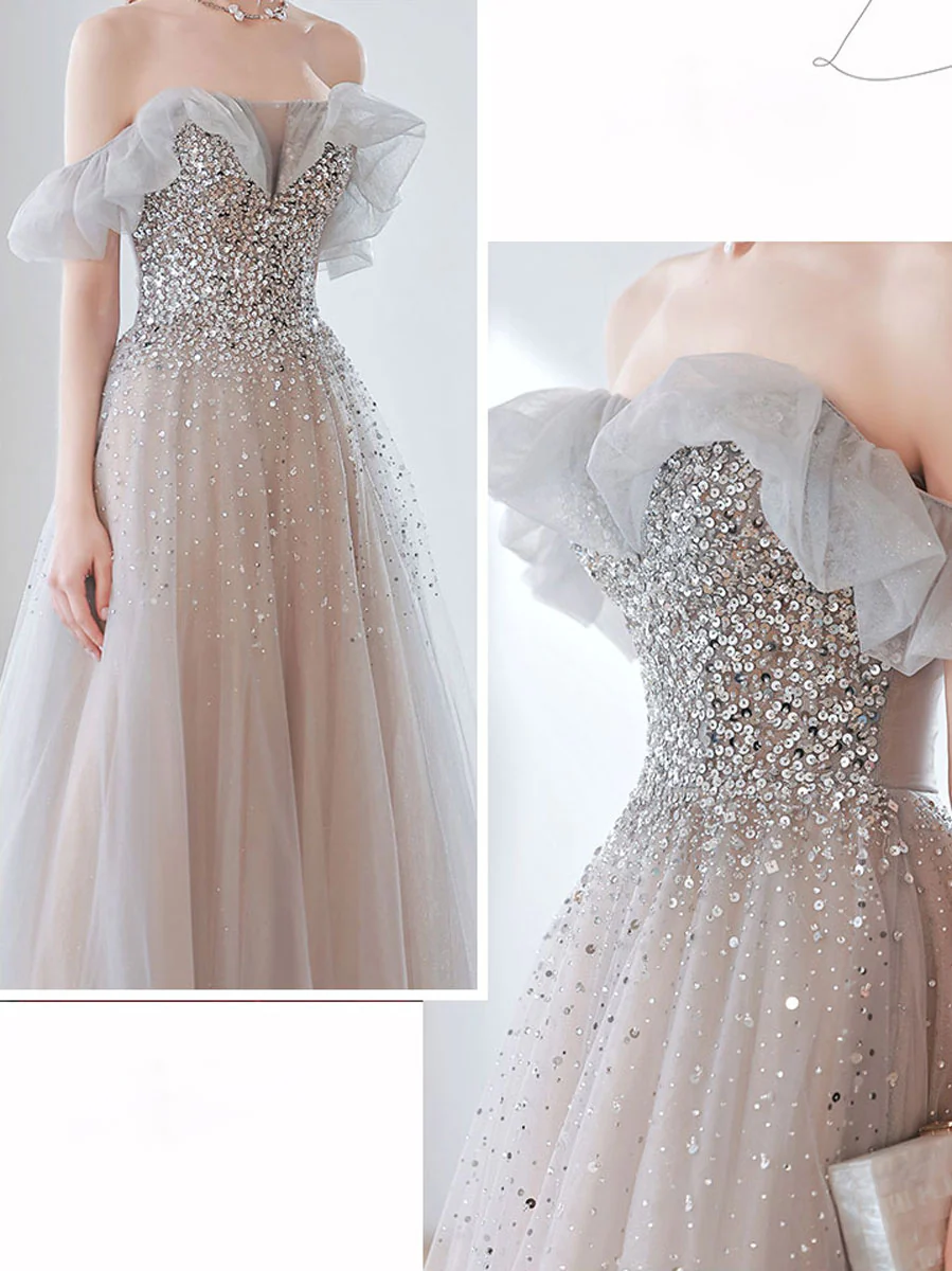 Elegant Gray Tulle Sequin Long Prom Dress, Gray Tulle Evening Dresses - Deanwangkt