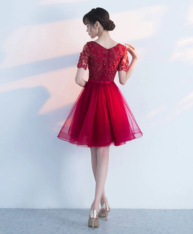 Burgundy Round Neck Tulle Lace Short Prom Dress, Burgundy Homecoming Dress - Deanwangkt