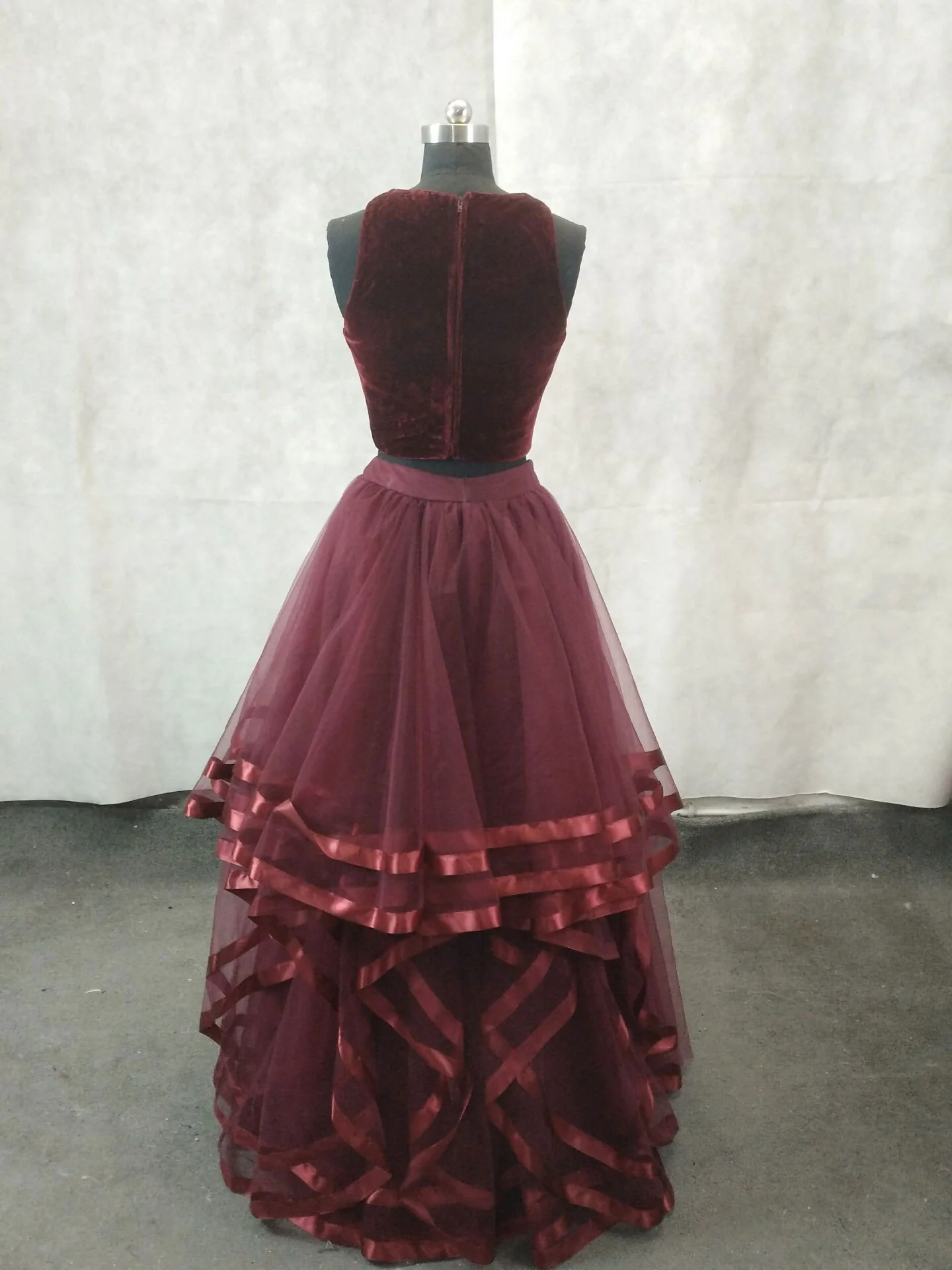 Simple Burgundy Two Pieces Tulle Long Prom Dress, Burgundy Evening Dress - Deanwangkt
