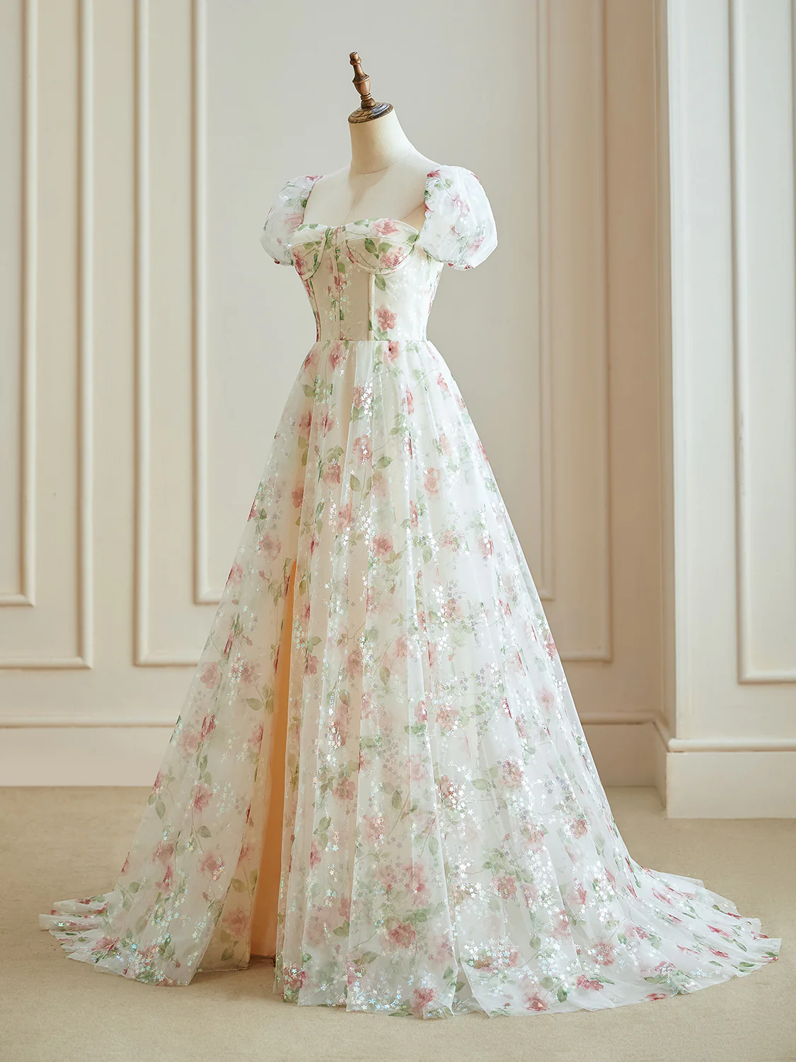 Champagne Sweetheart Neck Tulle lace Long Prom Dress, Champagne Graduation Dress - Deanwangkt