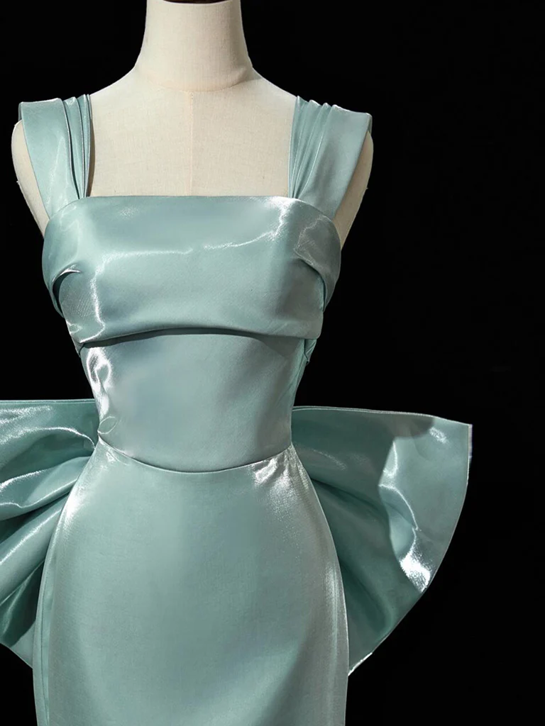 Simple hydra Satin Bow Tie Green Long Prom Dress, Green Long Formal Dress - Deanwangkt