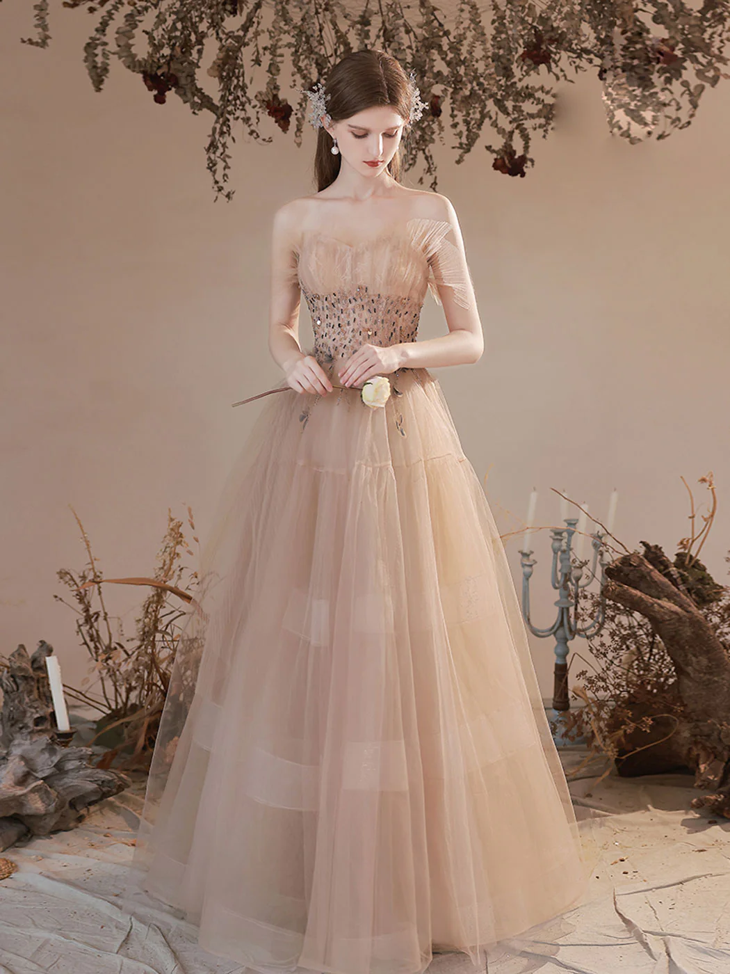 A Line Champagne Long Prom Dresses, Champagne Formal Graduation Dress With Beading sequin - Deanwangkt