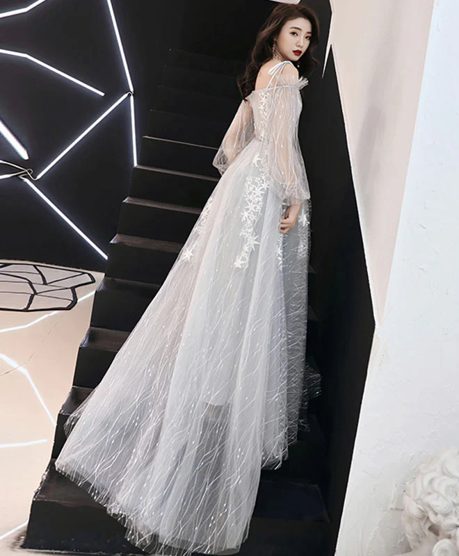 Gray Tulle Lace Long Prom Dress, Gray Tulle Evening Dress - Deanwangkt