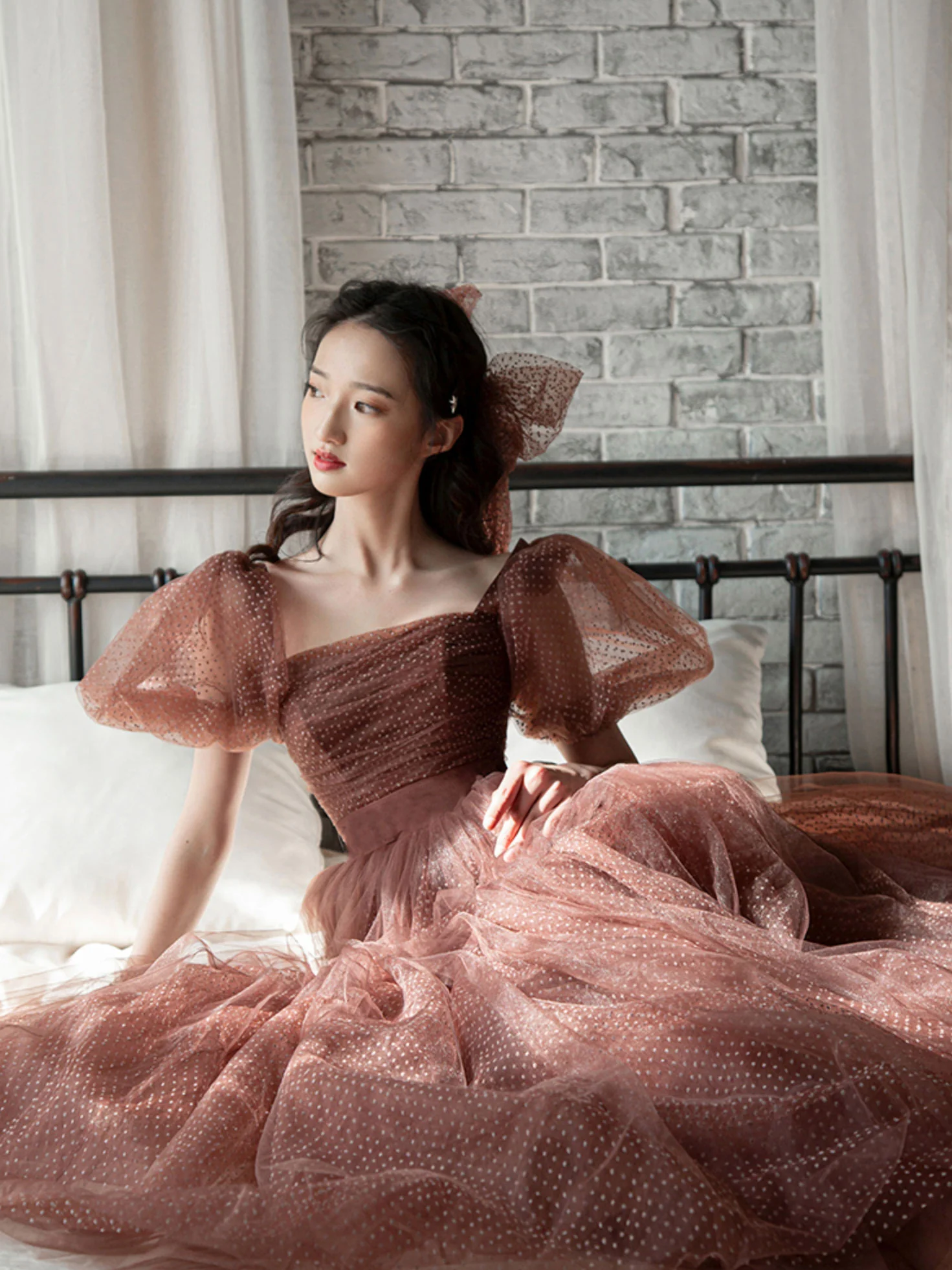 Elegant Retro Brown Tea Length Tulle Prom Dress, Puffy Homecoming Dress - Deanwangkt