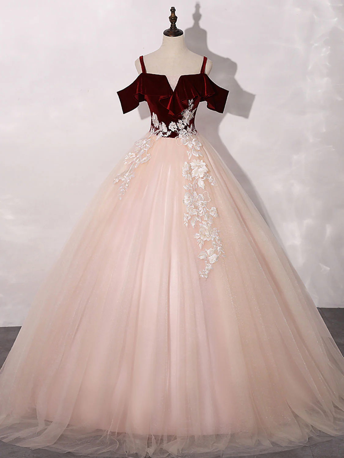 Pink/Burgundy Tulle Long Prom Dresses, A-Line Formal Sweet 16 Dress with Lace - Deanwangkt
