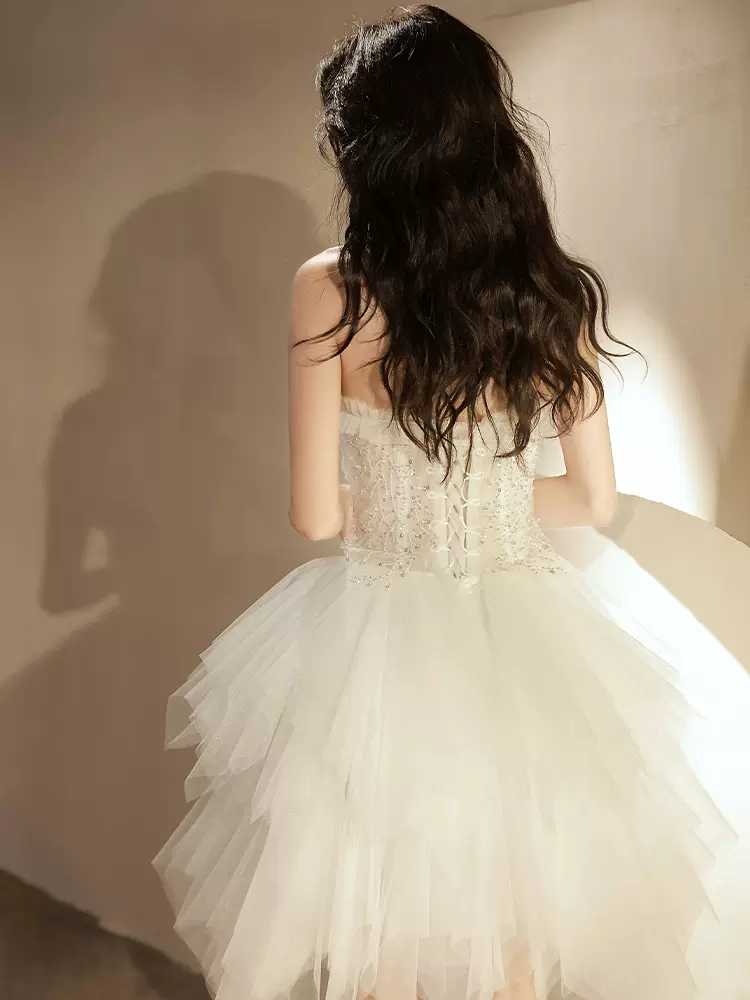 Beige Tulle Sequin Short Prom Dress, Beige Homecoming Dress - Deanwangkt