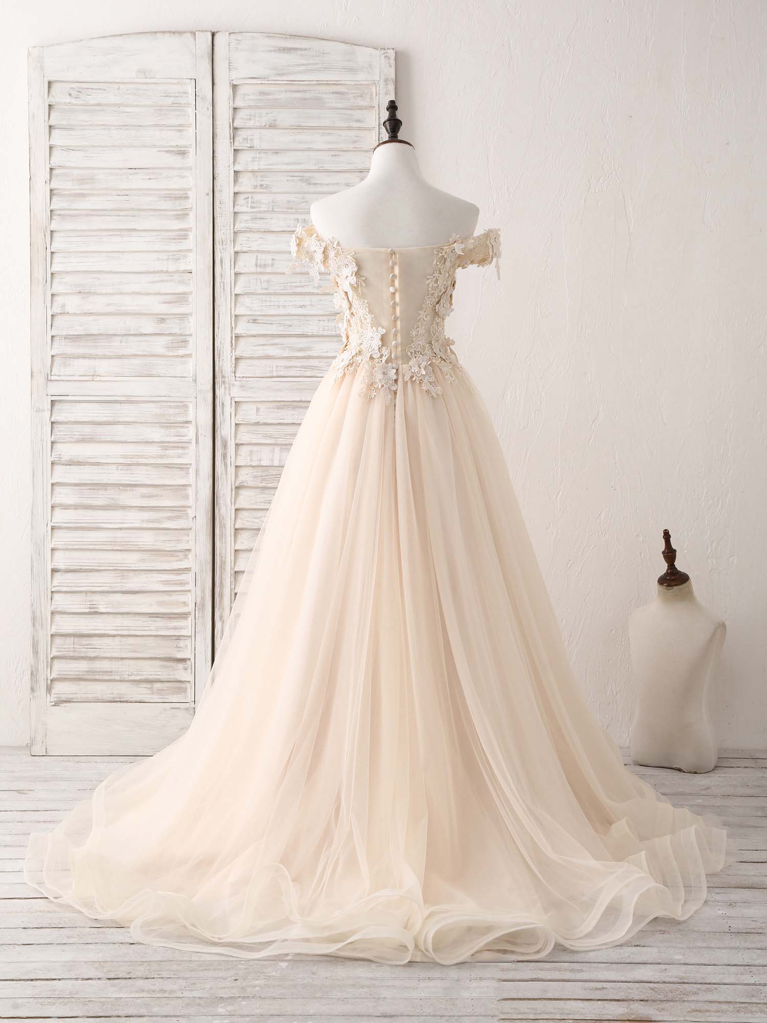 Unique  Lace Applique Tulle Long Champagne Prom Dresses Sweet 16 Dress - Deanwangkt