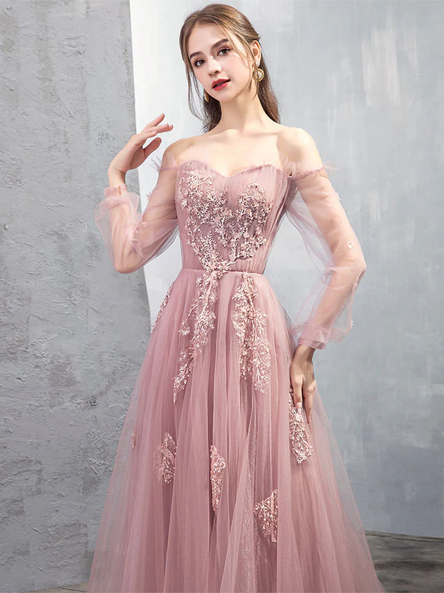 Pink A-line Tulle Lace Long Prom Dress Pink Lace Evening Dress - Deanwangkt