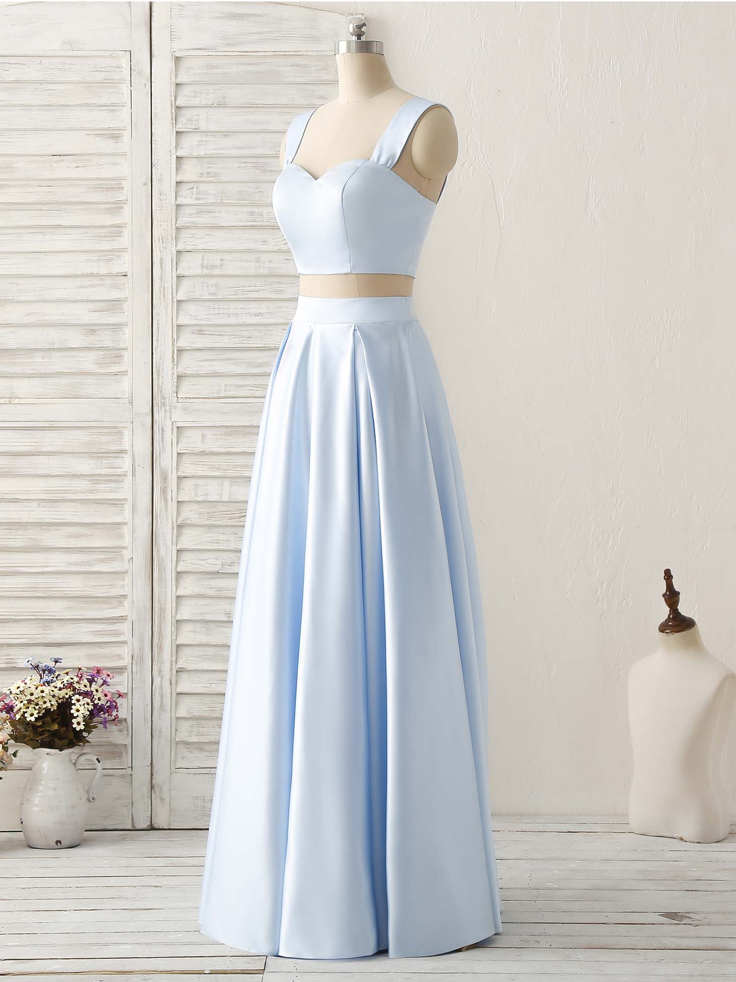 Light Blue Two Pieces Satin Long Prom Dress Simple Evening Dress - Deanwangkt