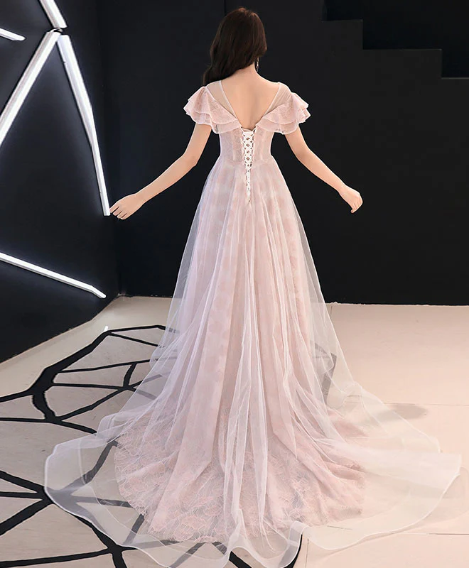 Pink Round Neck Tulle Lace Long Prom Dress, Pink Evening Dress - Deanwangkt