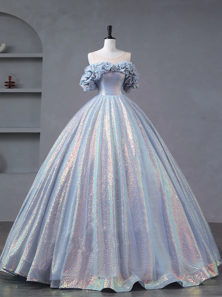 A-Line Off Shoulder Tulle Sequin Blue Purple Long Prom Dress, Sequin Formal Dress - Deanwangkt