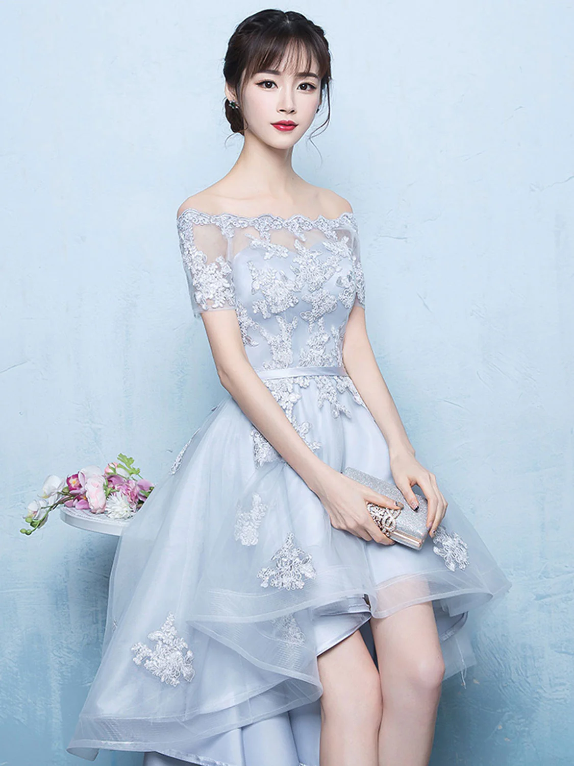 Gray A-line High Low Tulle Prom Dress, Gray Bridesmaid Dress - Deanwangkt