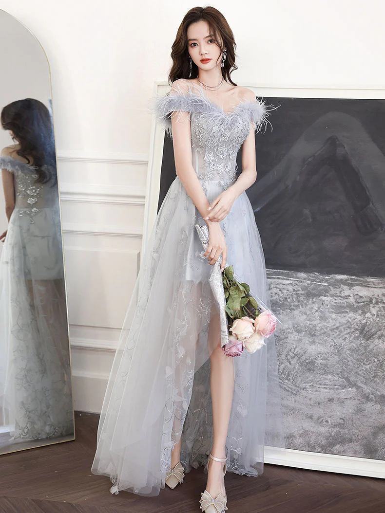 Gray Sweetheart Neck Tulle Long Prom Dress, Gray Evening Dress - Deanwangkt