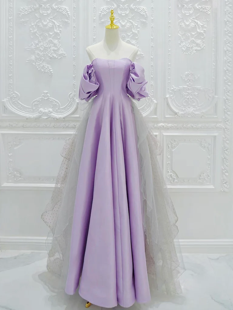 A-Line Satin Tulle Purple Long Prom Dress, Tulle Purple Long Formal Dress - Deanwangkt