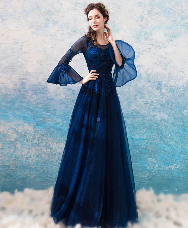 Blue Round Neck Lace Tulle Long Prom Dress, Lace Evening Dress - Deanwangkt