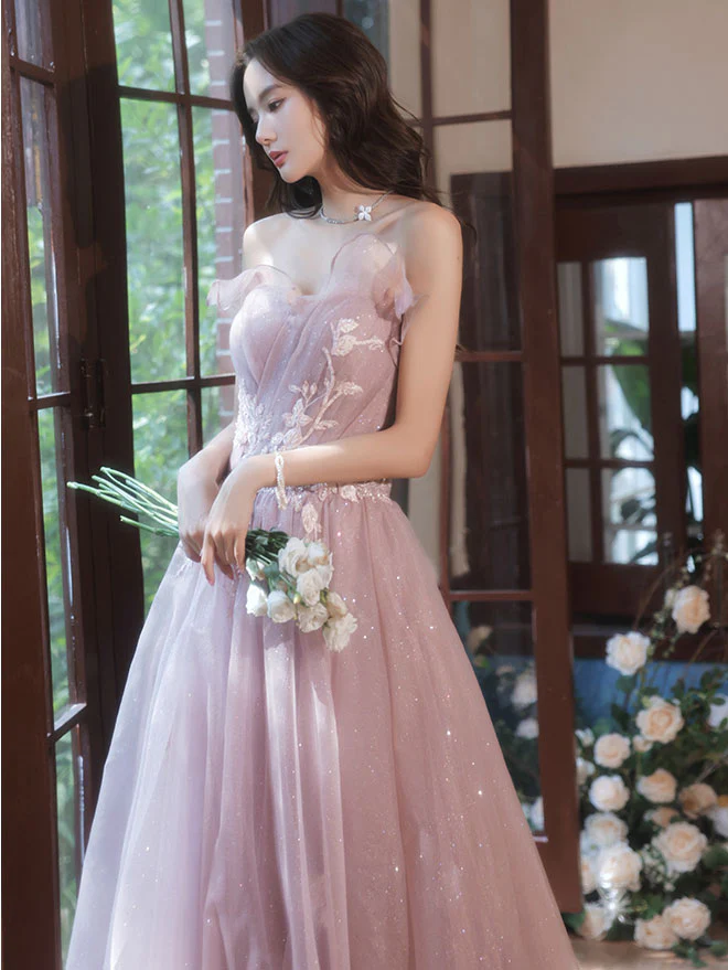 Pink A line Tulle Lace Applique Long Prom Dress, Pink Evening Dresses - Deanwangkt