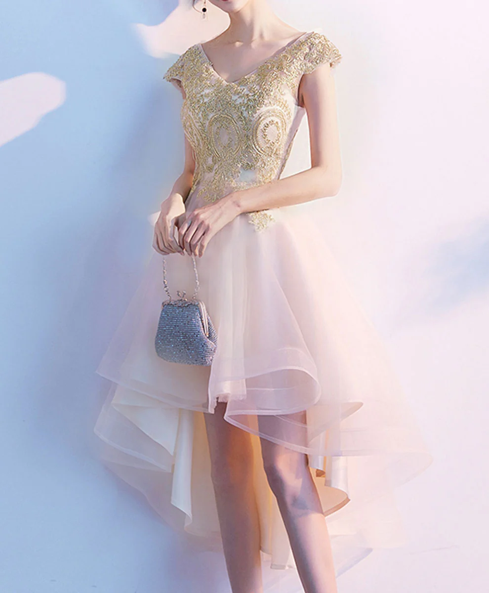 Gold Tulle Lace High Low Prom Dress Lace Homecoming Dress - Deanwangkt