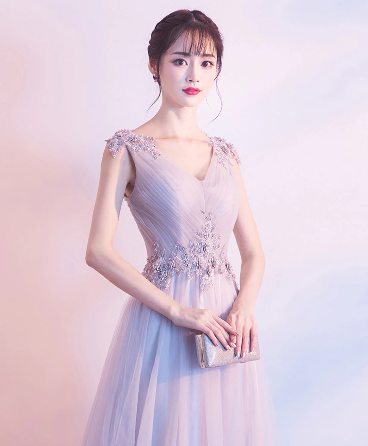 Gray V Neck Tulle Lace Long Prom Dress, Gray Tulle Evening Dress - Deanwangkt