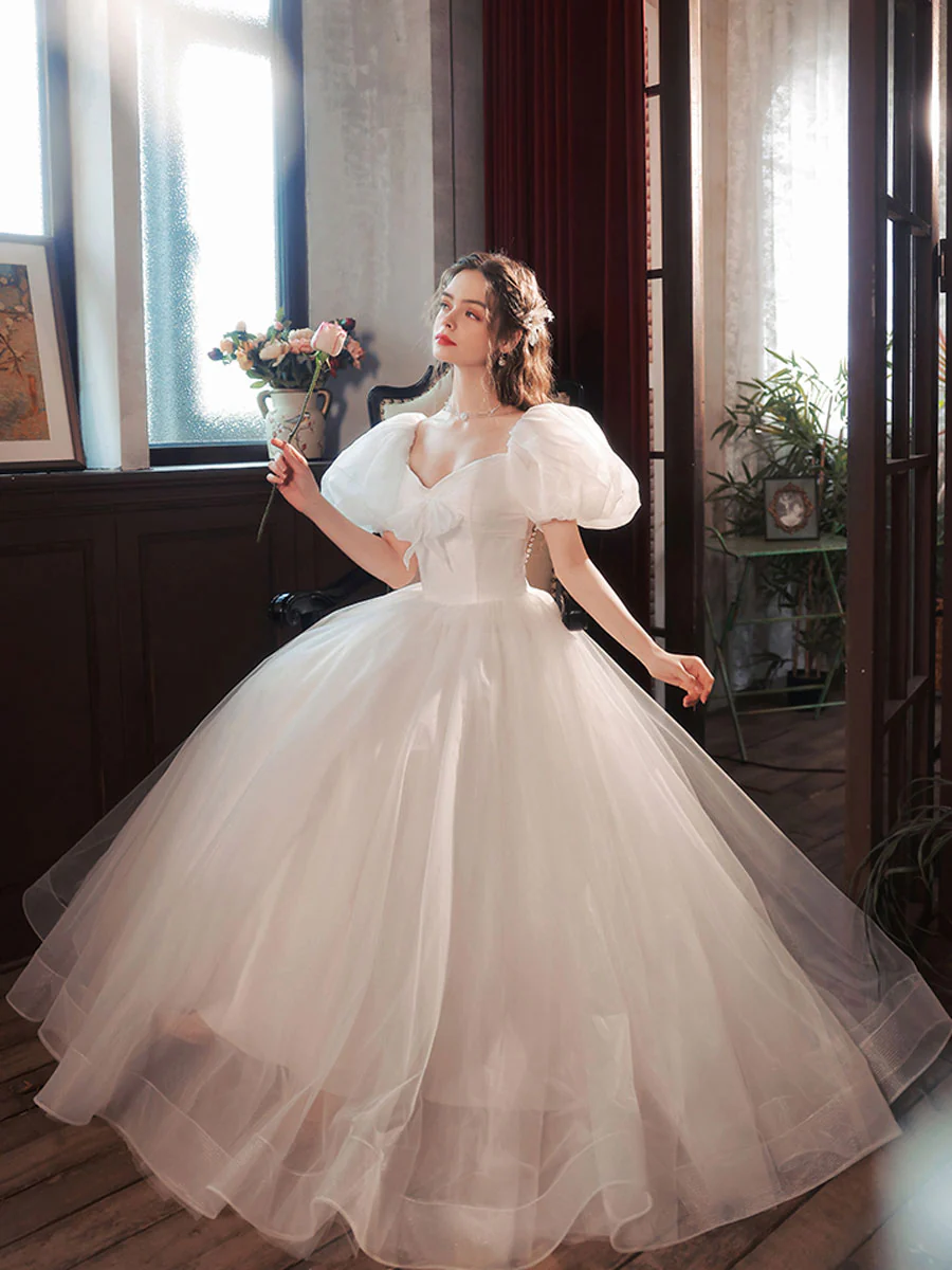 White Tulle Puffy Sleeves Long Prom Dress, White Tulle Sweet 16 Dresses - Deanwangkt
