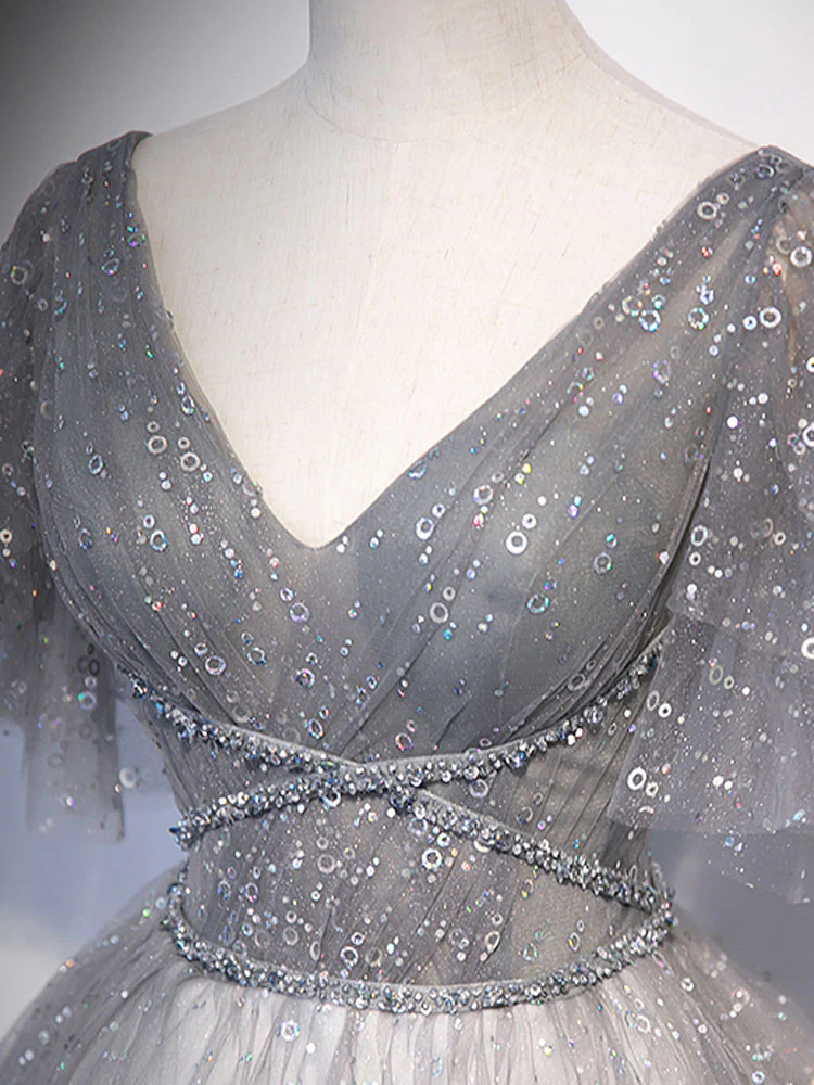 Gray V Neck Tulle Long Prom Dress, Gray Tulle Sequin Evening Dress - Deanwangkt