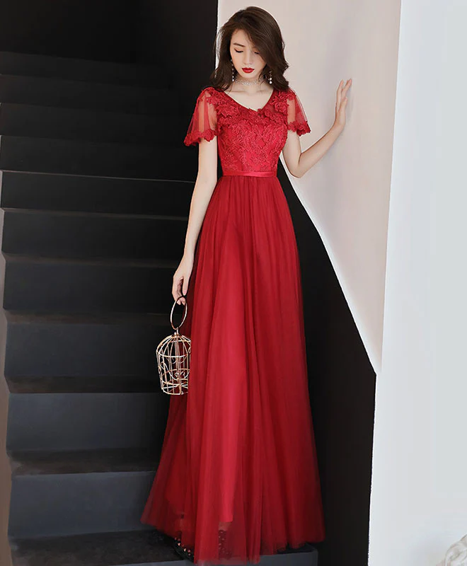 Simple Tulle Lace Long Prom Dress, Burgundy Bridesmaid Dress - Deanwangkt