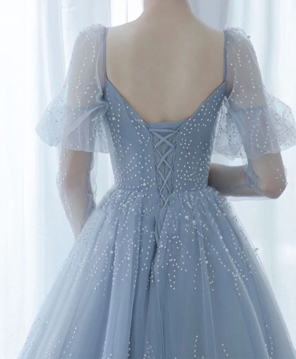 V Neck Tulle Sequin Blue Long Prom Dress, Blue Formal Graduation Dress - Deanwangkt