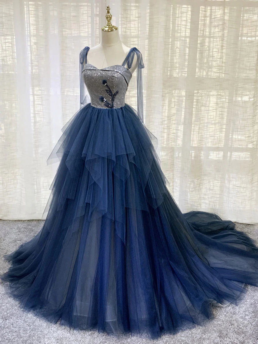 Blue Tulle Long Prom Dress, Blue Tulle Long Evening Dress - Deanwangkt