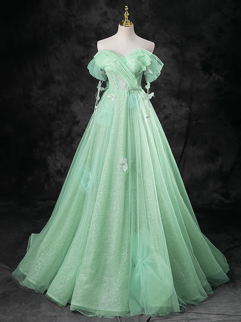 Green A-Line Off Shoulder Tulle Long Prom Dress, Green Long Formal Dress - Deanwangkt