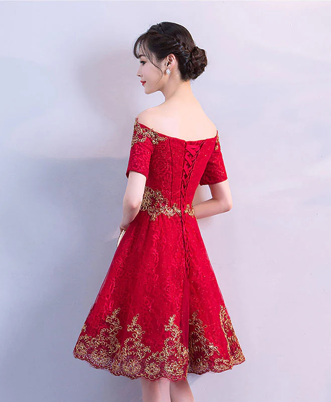 Burgundy Off Shoulder Tulle Lace Short Prom Dress, Burgundy Evening Dress - Deanwangkt