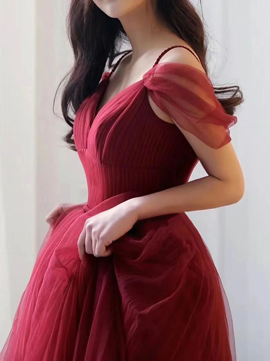 Simple V neck Tulle Burgundy Long Prom Dress, Burgundy Tulle Formal Dresses - Deanwangkt