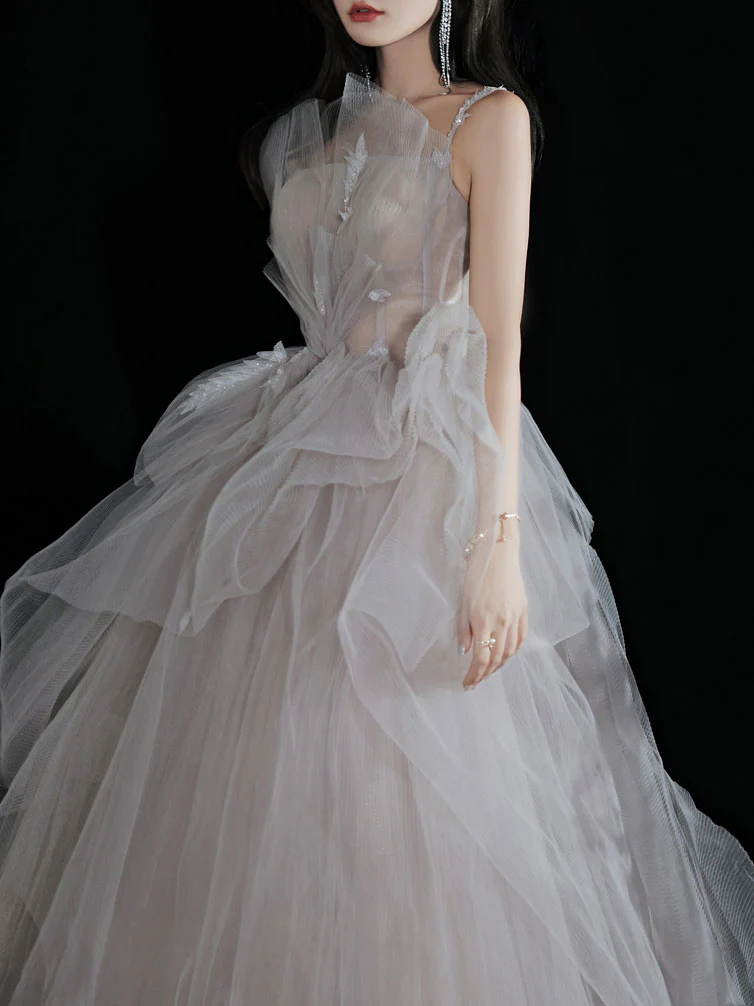 Light Gray Tulle Lace Long Prom Dress, Tulle Lace Formal Dress - Deanwangkt