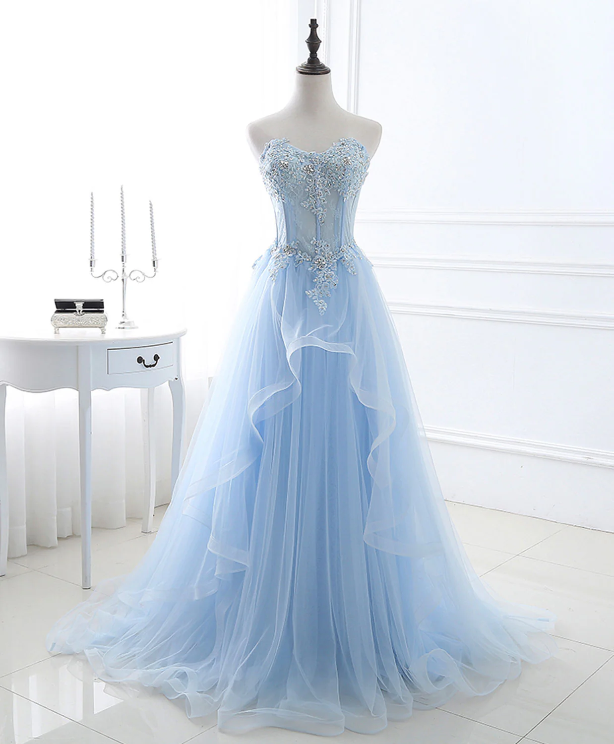 Blue Long Prom Dresses, Aline Sweetheart Neck Blue Formal Graduation Dresses - Deanwangkt