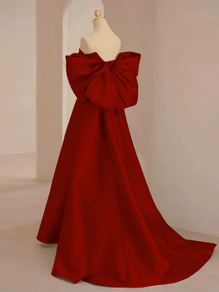 A-Line Sweetheart Neck  Satin Burgundy Long Prom Dress with Bow - Deanwangkt