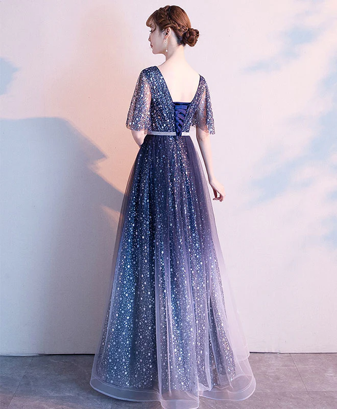 Blue Tulle Sequin Long Prom Dress Blue Evening Dress - Deanwangkt