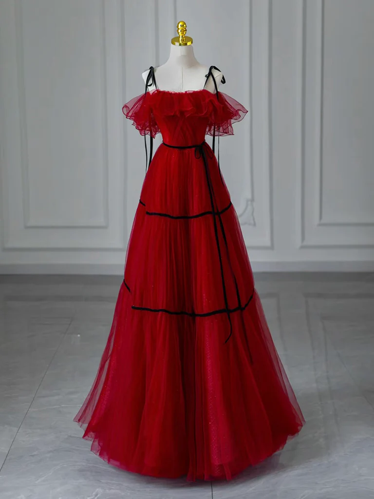 A-Line Tulle Burgundy Long Prom Dress, Burgundy Long Formal Dress - Deanwangkt