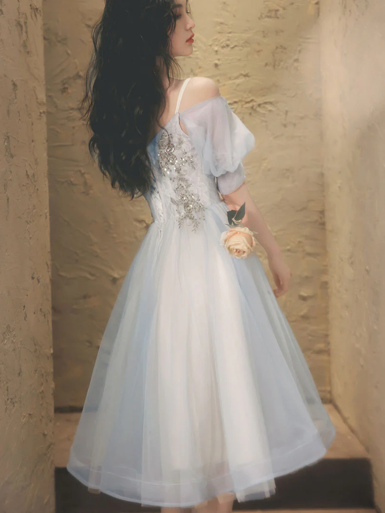 Blue A-line Tulle Lace Short Prom Dress, Blue Homecoming Dress - Deanwangkt