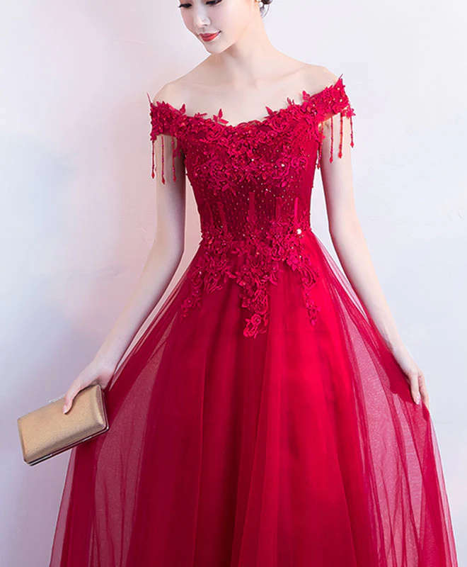Burgundy V Neck Tulle Lace Long Prom Dress, Burgundy Tulle Bridesmaid Dress - Deanwangkt
