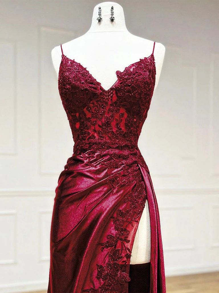 Burgundy V Neck Satin Lace Long Prom Dress, Burgundy Lace Long Evening Dress - Deanwangkt